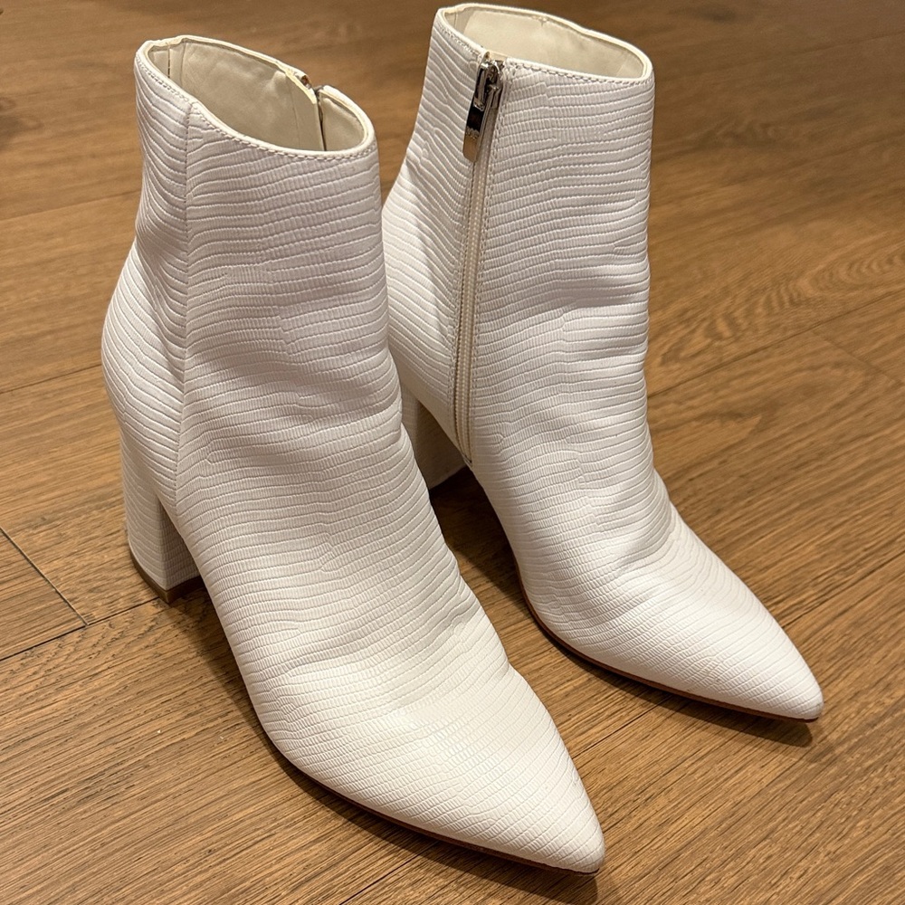 Marc Fisher White Pointed Toe Block Heel Ankle Boots